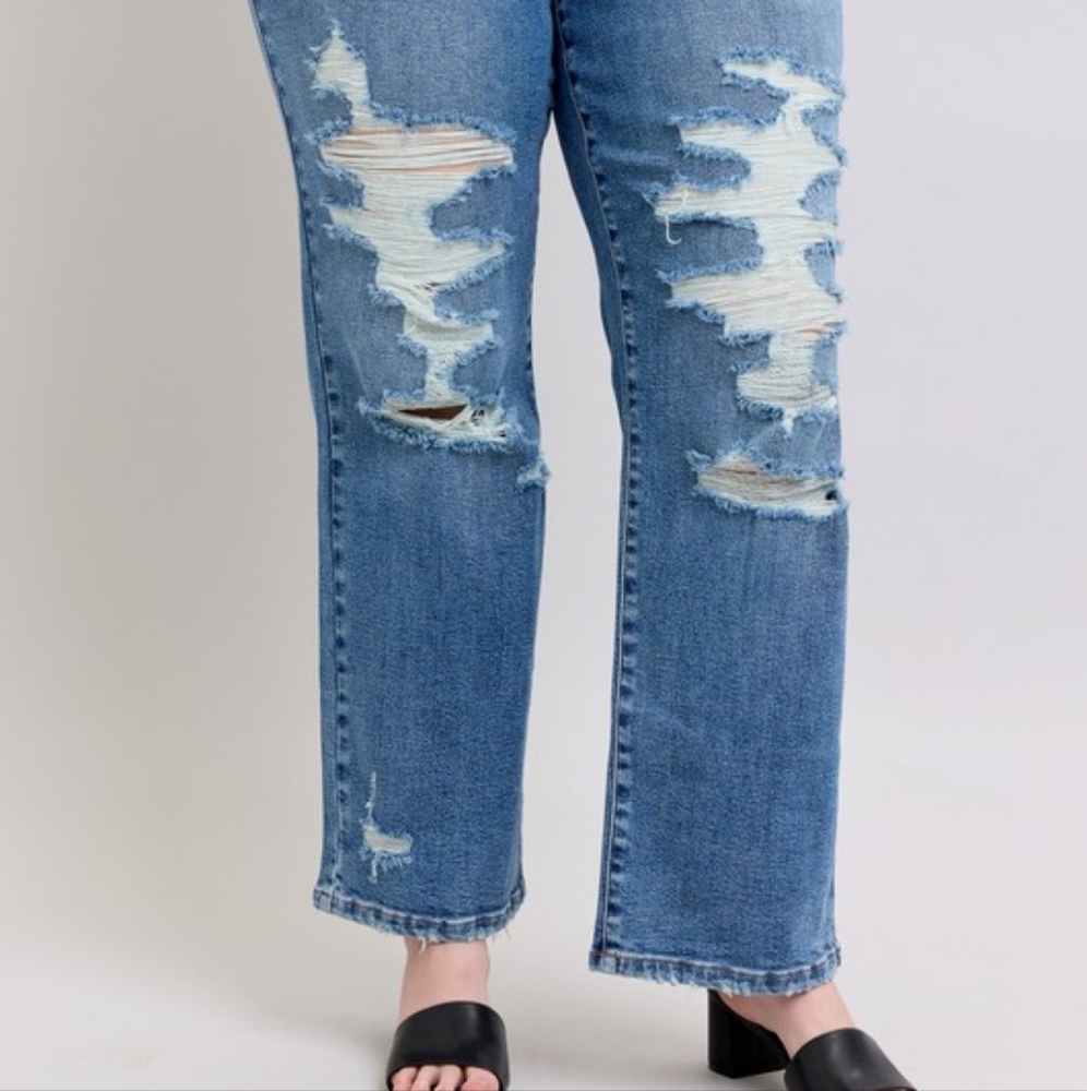 Judy Blue High-Rise Distressed Straight Leg Torn Hole Slim Fit Jeans Denim Pants - Picture 11 of 15